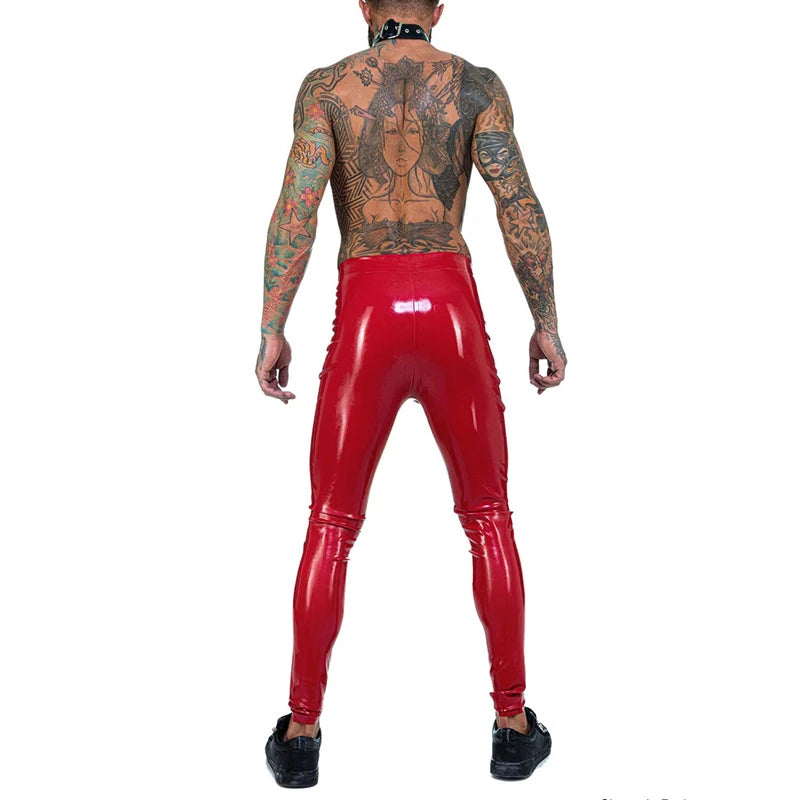 Sexy Men Punk Style Patent Leather Pants Zipper Patchwork Party PVC Legging Low Waist Bodycon Performance Clothing Unisex Custom