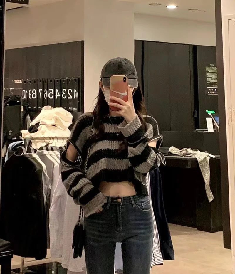 E-girl Gothic Crop Sweater Striped Knitted Pullovers Punk Zipper 2000s Y2K Vintage Harajuku Grunge Jumpers Autumn Spring Clothes