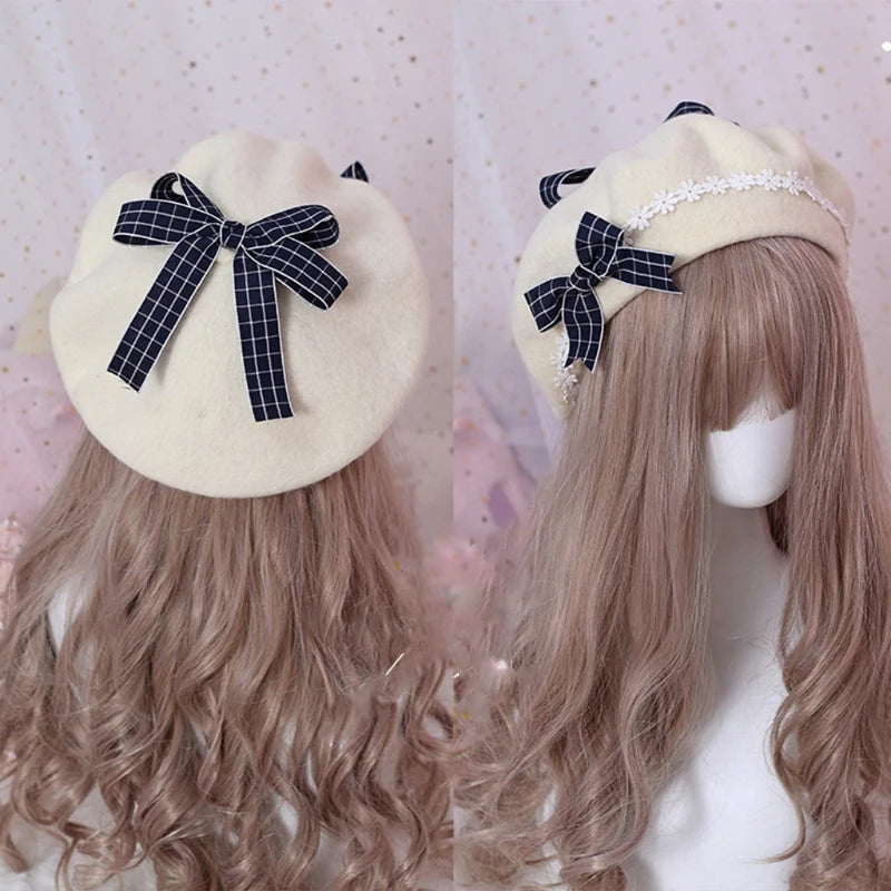 Soft Sweet daisy Bow Hat French Biscuit Hat Beret Wool Painter Side Fold Hairpin Lolita Accessory Sweet Cute Female