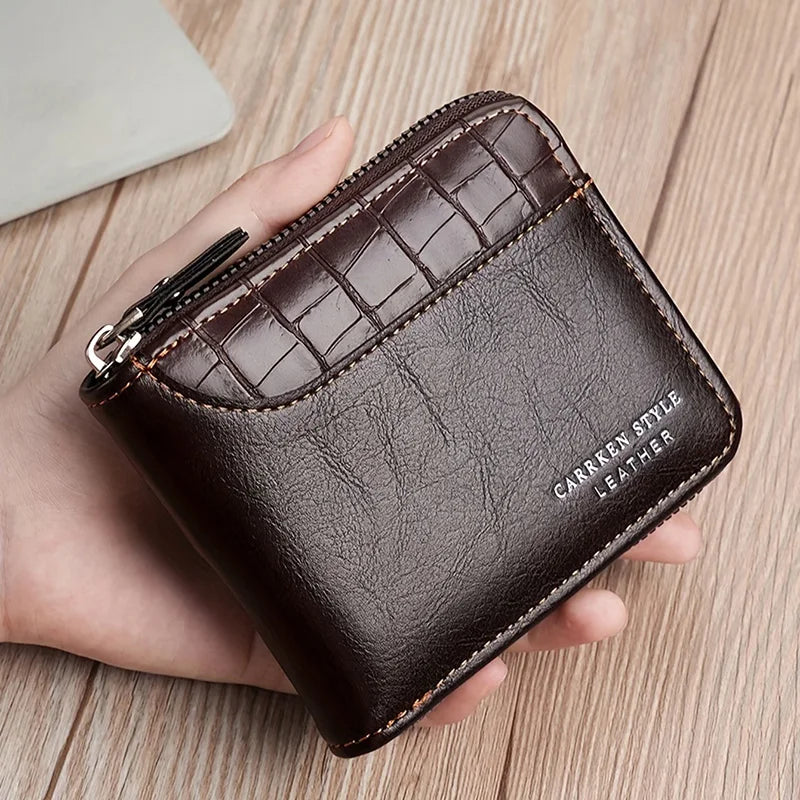 New Men Zipper Wallets Short Card Holder Male Purse Coin Pocket Photo Holder Stone Pattern Men's Wallet