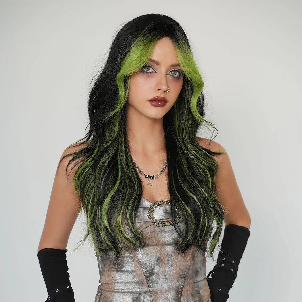 PARK YUN Long Loose Body Wave Black Hair Wig Highlight Green Curtain Bangs High Density Synthetic Layered Middle Part Wigs