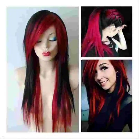 Women Ultra Sexy Scene Wig Black Mixed Wine Red Blonde Rainbow Emo Hair Long Straight Cosplay Wig Party Costumer Wig