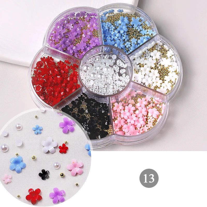 Mixed Acrylic Bowknot 3D Nail Art Decorations Flower Resin Charms Gold Beads Caviar Pearl Mixed Rhinestones Accessories Boxed