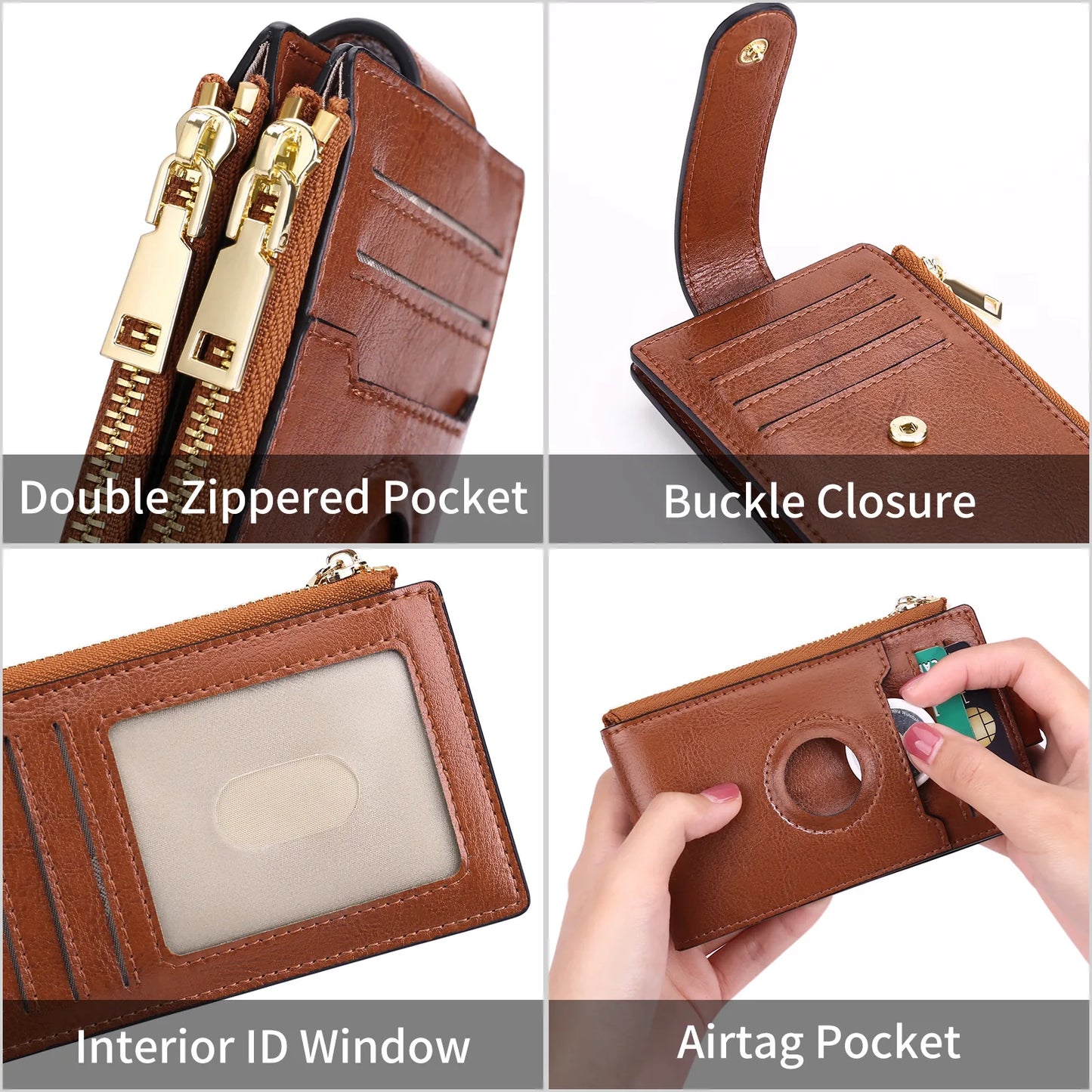 2023 New Leather Ladies ID Credit Card Holder Zipper Coin Purses AirTag Tracker Large Capacity RFID Anti-theft Brush Dollar Clip