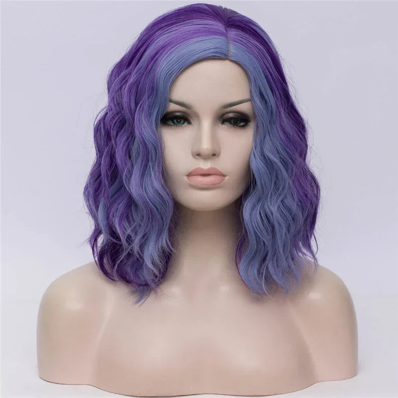 Short Cosplay Synthetic Wigs For Women Rainbow Highlights Color Wavy Wigs Side Central Hairline Cos Rose Net Ombre Hair