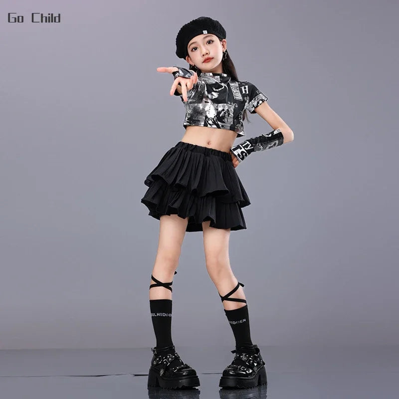 Girls Hip Hop Tassels Crop Top Street Dance Ruffled Skirts Child K-pop Shiny T-shirts Streetwear Clothes Sets Kids Jazz Costumes