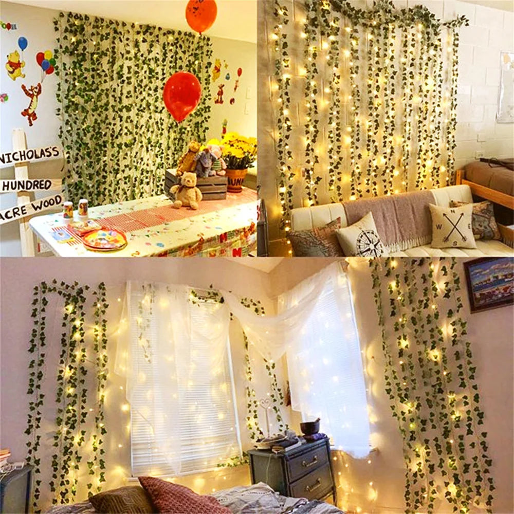 2Meter Fake Green Leaf Ivy Vine with LED Lights String for Home Bedroom Decor Wedding Glowing Artifical Plant Home Decoration