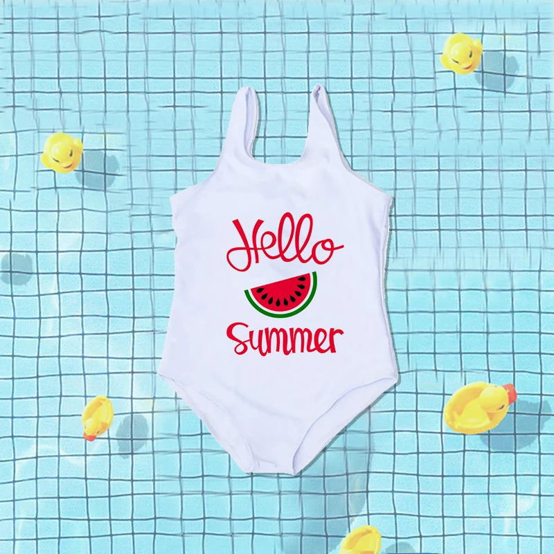 Girls Swimwear Hello Summer Watermelon Print Girls Swimsuit One Piece Toddlers Outfit Bathing Suit Cute Baby Bikini Beachwear