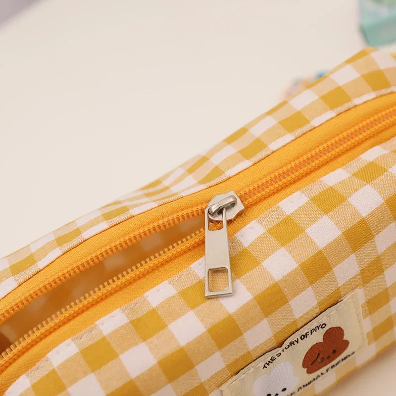 Korean Style Checkerboard Large Capacity Pencil Case Kawaii Rabbit Canvas Pencil Bag School Box Pouch Stationery School Supplies