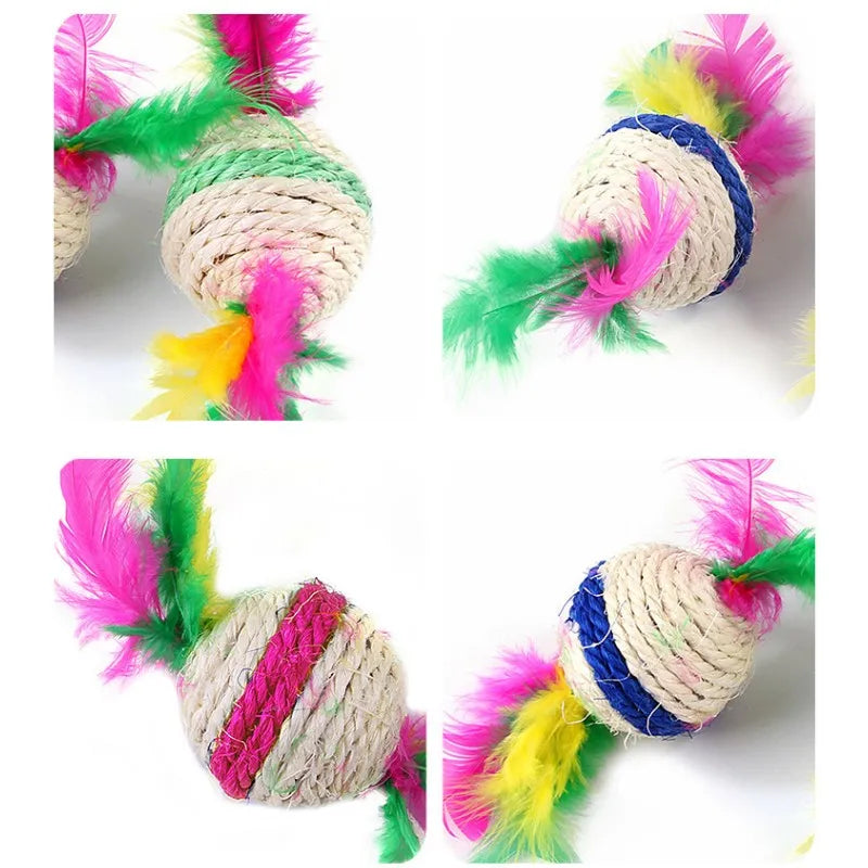 Cat Toy Sisal Ball Cat Toys Interactive Feather Toys for Cats Teeth Cleaning Scratching Ball Cats Toy with Bell Pet Supplies