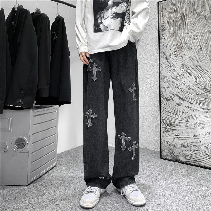 Streetwear Gothic Jeans Women  High Waist Jeans Trousers Casual Cross Cargo Pants Korean Summer Straight Baggy Punk Clothes