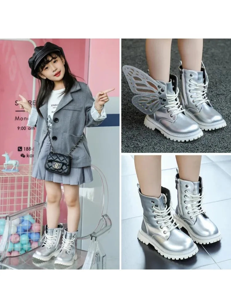 Children's Fashion Boots 2023 Spring New Girls Martin Boots Colorful Butterfly-knot Wings Mid-calf High Shoes Princess Boots