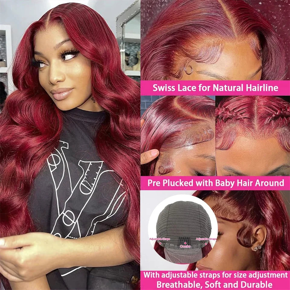 99J Burgundy Lace Front Wigs Human Hair For Women 360 Body Wave Transparent Lace Frontal Wigs Red Colored Wig Pre Plucked 180%