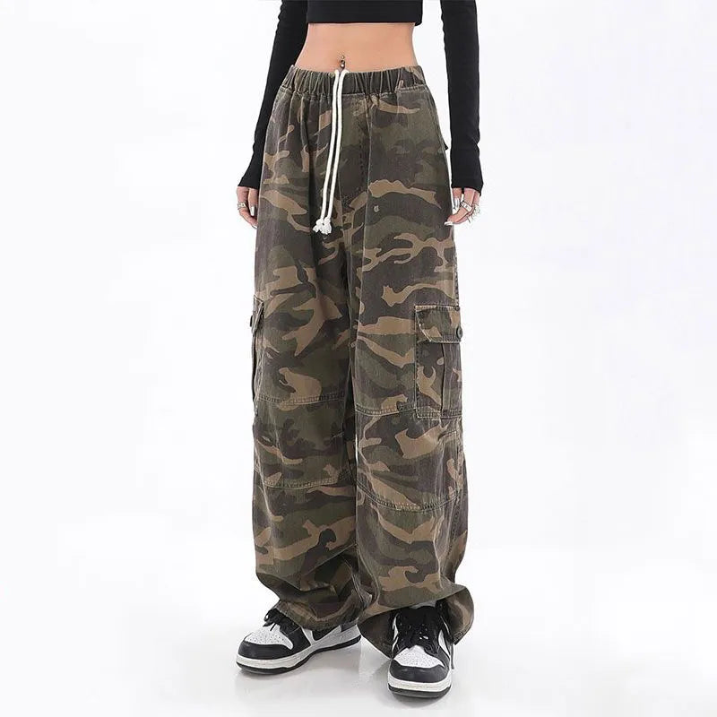 Streetwear Women Oversize Camouflage Cargo Pants Drawstring Elastic Waist Pockets Spring Autumn Vintage Fashion Casual Trousers