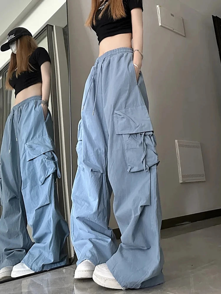 Women's High Waist Cargo Pants with Multiple Pockets Trendy Solid Color Streetwear Y2K Spring Autumn New Loose Wide Leg Trousers