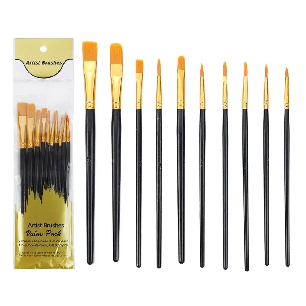 10Pcs/set Professional Artist Paint Brush Set Nylon Hair Watercolor Acrylic Oil Painting Brushes Drawing Art Supply