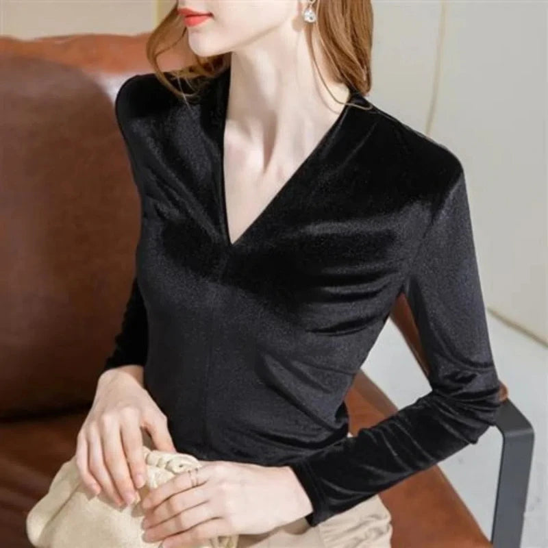 Golden Velvet V-neck Bottom Shirt for Women New Autumn Winter Long Sleeve Solid Vintage T Shirt Tops Fashion Casual Clothing