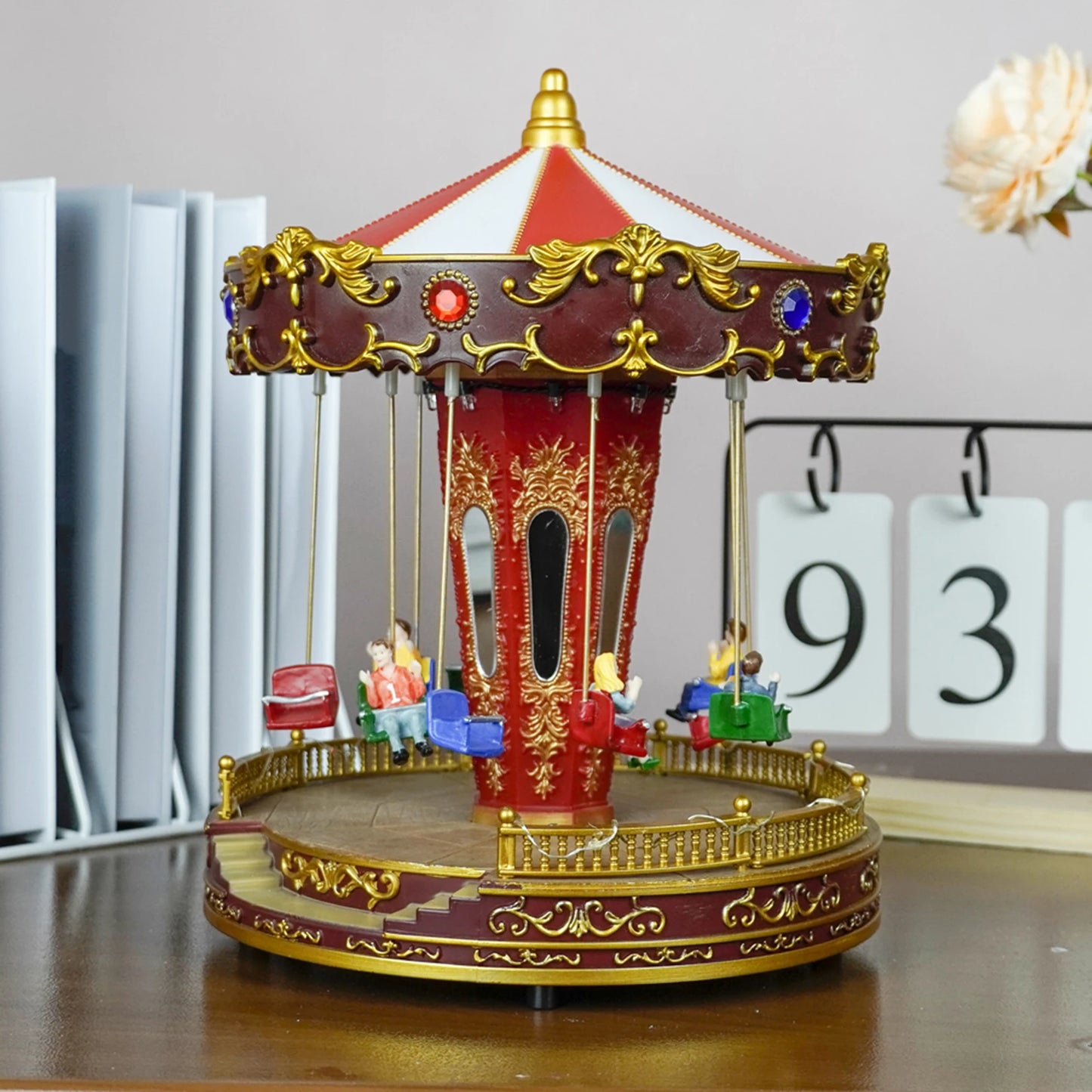 Rotatable LED Christmas Carousel Statue Music Box Decoration Table Centerpiece for Birthday Valentine's Day Children Xmas Gifts