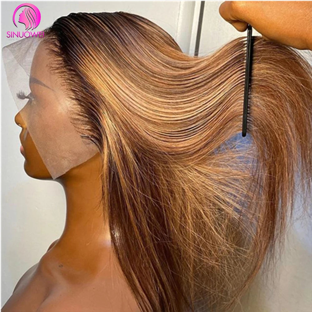 Highlight Straight P4/27 Colored Lace Front Wigs Human Hair 13x6 Brazilian Lace Front Human Hair Wigs Pre Plucked For Women 180%