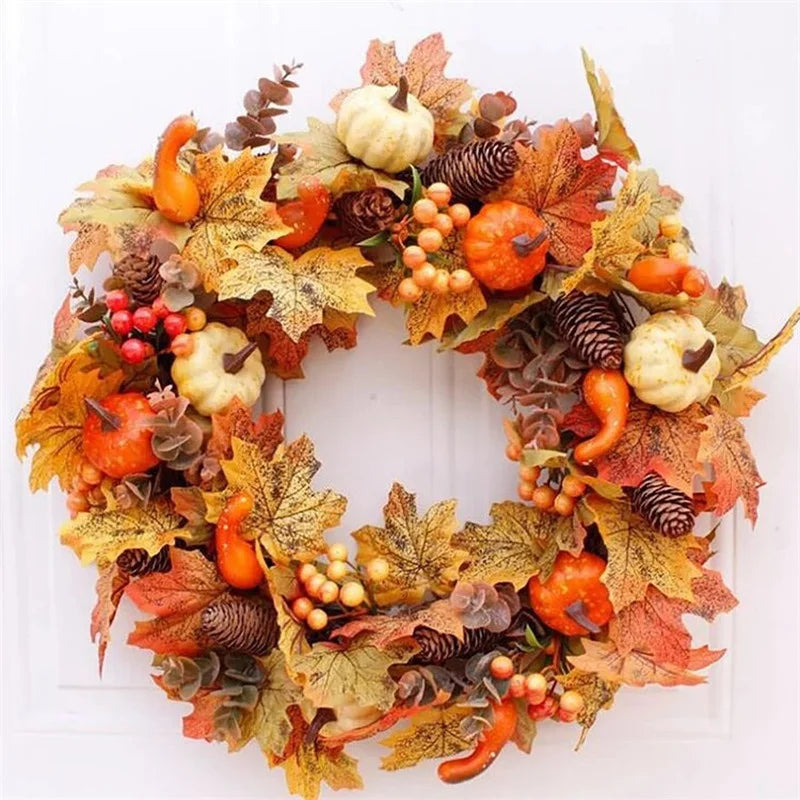 45cm Fall Wreaths Pumpkin Berry Maple Leaf Artificial Wreath Harvest Autumn Front Door Wreath Christmas Halloween Home Decor