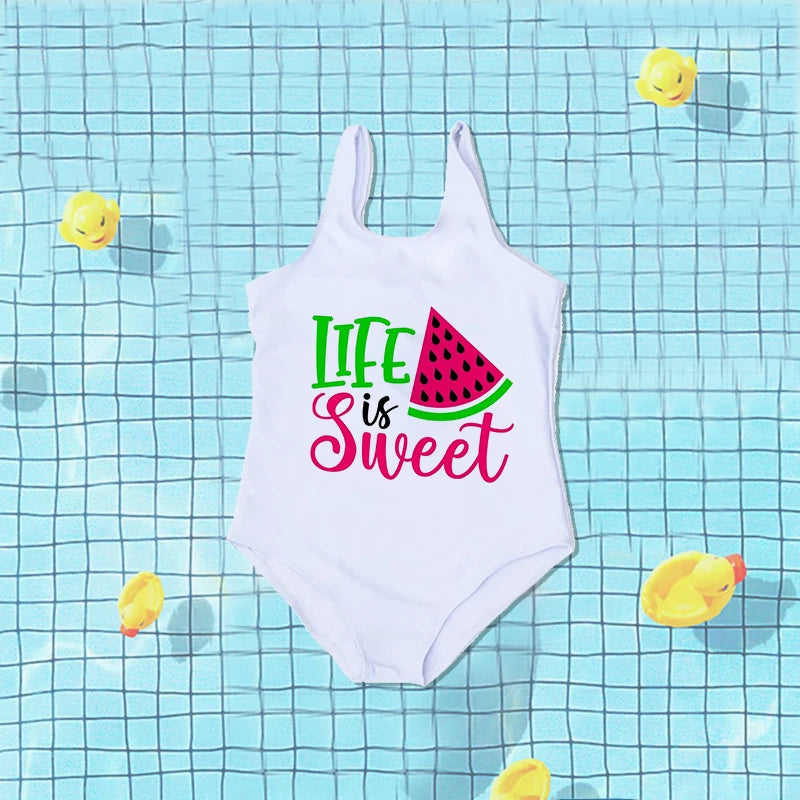 Girls Swimwear Hello Summer Watermelon Print Girls Swimsuit One Piece Toddlers Outfit Bathing Suit Cute Baby Bikini Beachwear