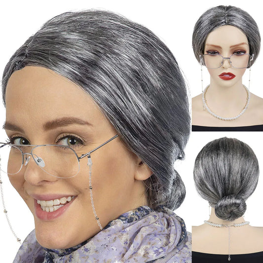 Synthetic Old Lady Grandma Wig Set Granny Cosplay Wigs,Glasses,Eyeglass Chain,Pearl Necklace(4 Pieces)Daily Halloween Costume