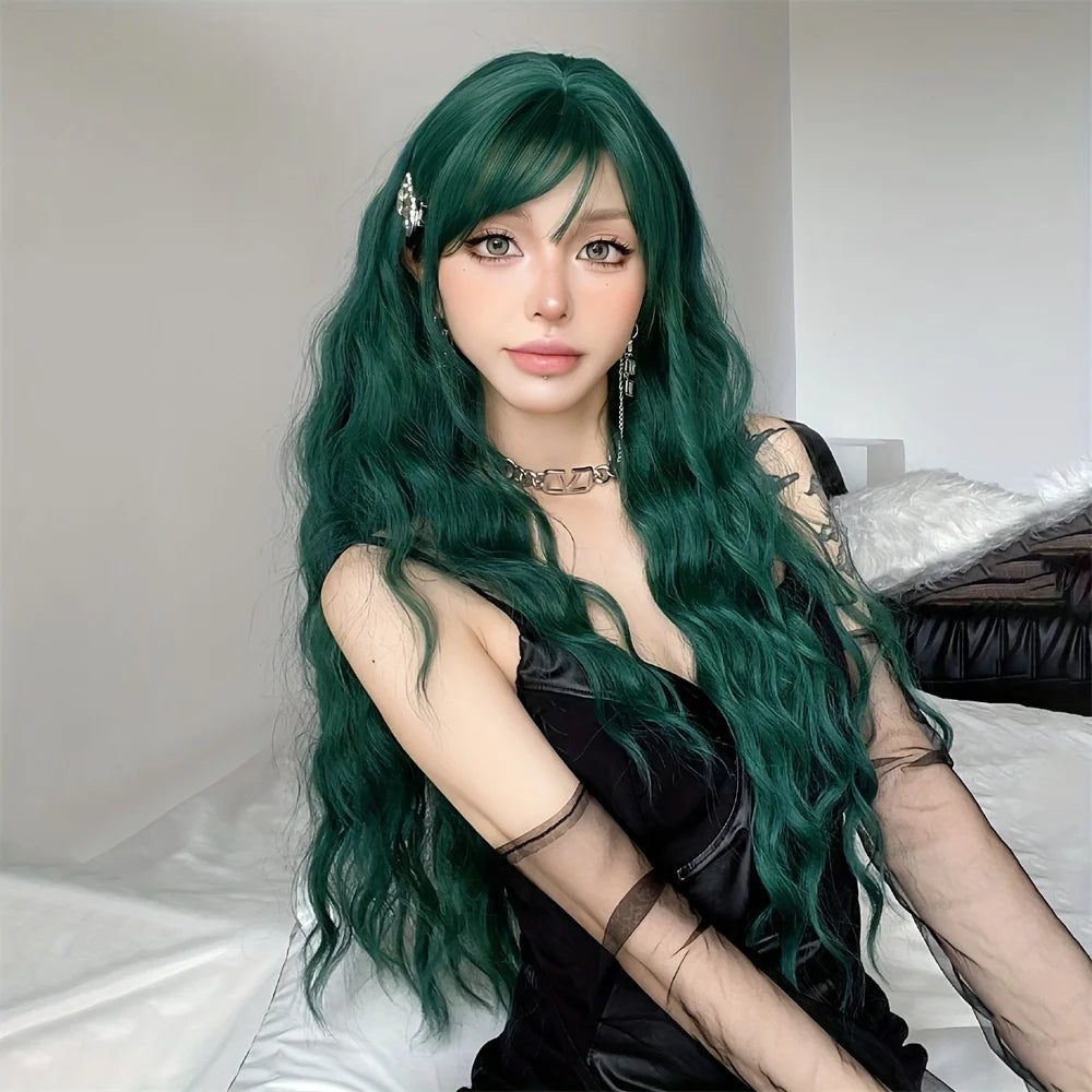 Light Green Long Wavy Synthetic Wigs with Bangs Blackish Green Cosplay Wig for Women Lolita Wig Heat Resistant Natural Hair