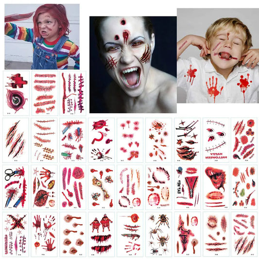 Halloween Scar Temporary Tattoos Stickers For Women Men Adult Kid Makeup Realistic Cosplay Party Masquerade Prank Prop 30pcs/set