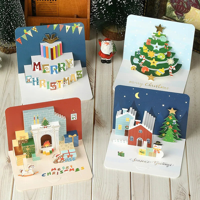 2pcs Christmas Card 3D Pop Up Christmas Eve Card New Year Winter Holiday Greeting Cards with Envelopes