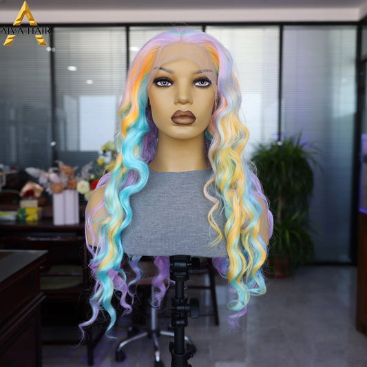 Aiva Rainbow Lace Front Long Wave Wig Multi Color Mixed Wig For Cosplay Party Wig Transparent Lace High Temperature Resistant