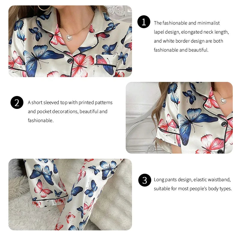 Butterfly Print Pajamas Women Autumn Short Sleeve Buttons Top & Long Pants Pajama Pj Sets Ladies Sleepwear Loungewear Nightwear