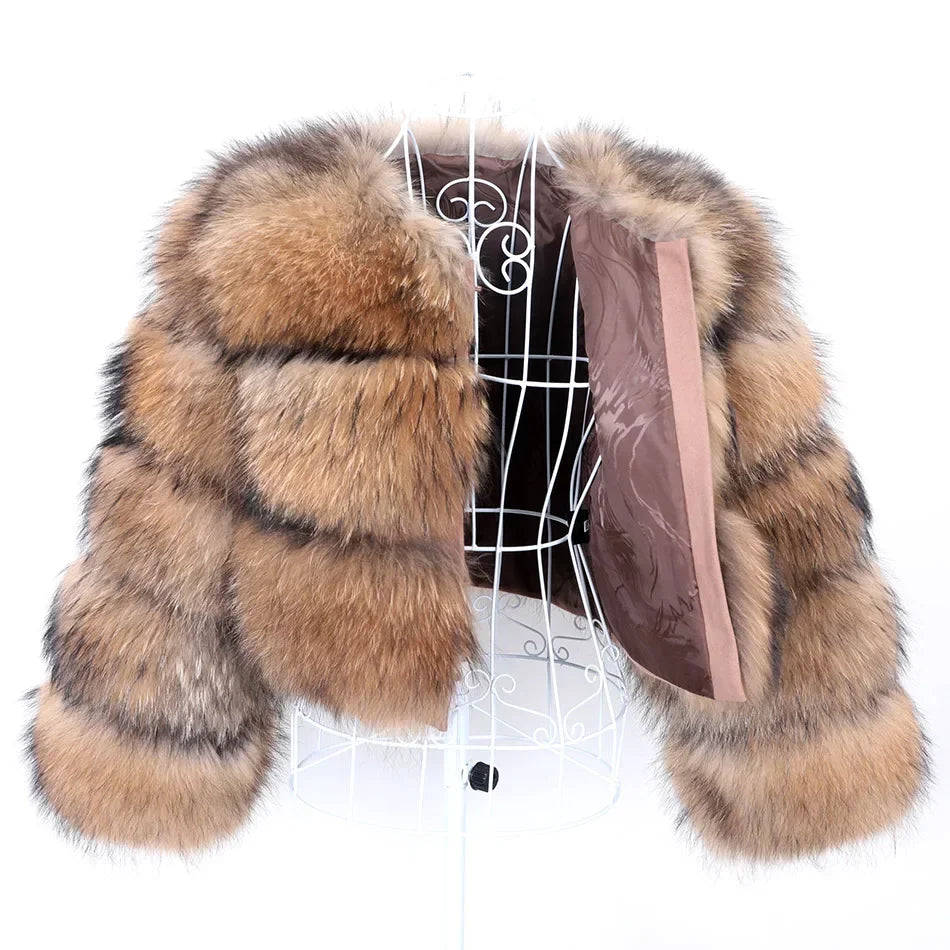 Maomaokong Real Fur Coat Women 100% Natural Raccoon Fur Jacket Female Winter Warm Fox Fur Coat High Quality Long Sleeve With Hat