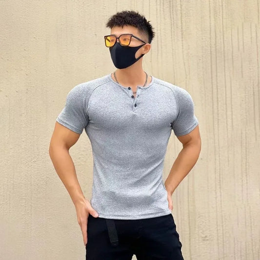 Men's T-shirt Summer Running Sports Fitness Clothes Muscle Slim Fit Short Sleeve Half Button O-neck Pullover Casual Short Sleeve