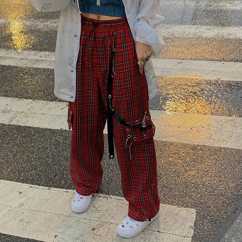 Gothic Harajuku Red Plaid Cargo Pants Women Chain Wide Leg Goth Hippie Streetwear Trousers Loose Female Baggy Fashion