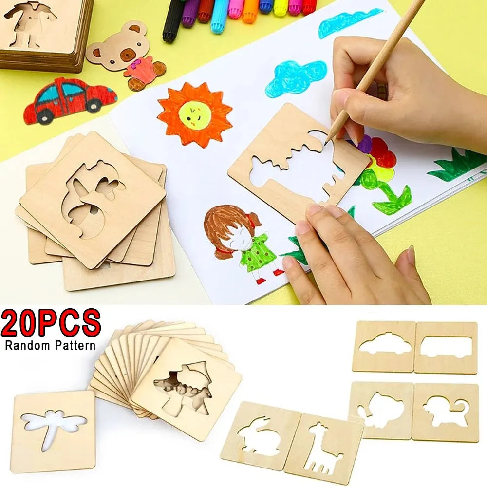 Montessori Kids Toys Drawing Toys Wooden DIY Painting Template Stencils Learning Educational Toys for Children Gift 20pcs