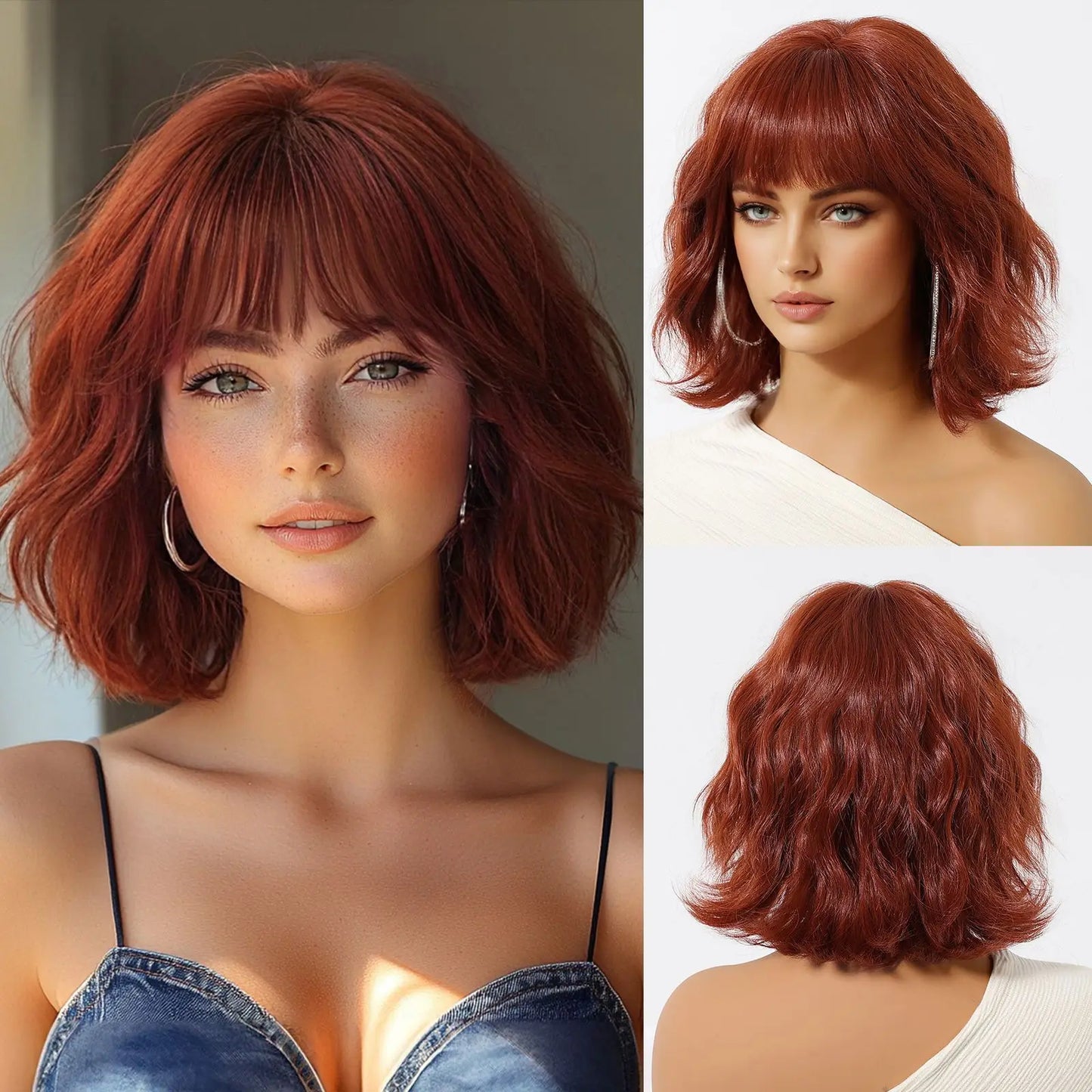 ALAN EATON Auburn Synthetic Wigs with Bangs Short Wavy Wig Red Brown Curly Hair for Party Cosplay Heat Resistant Fiber Wig