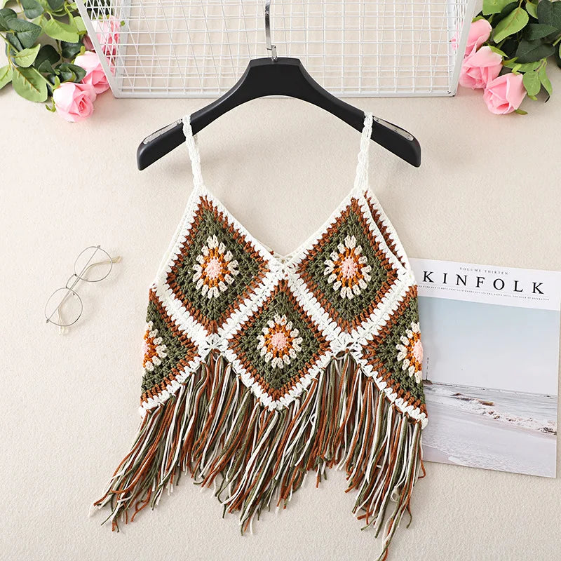 New Hollow Vest for Women Boho Tanktop Bohemian Crop Tops National Style Camisole Lady Free Shipping