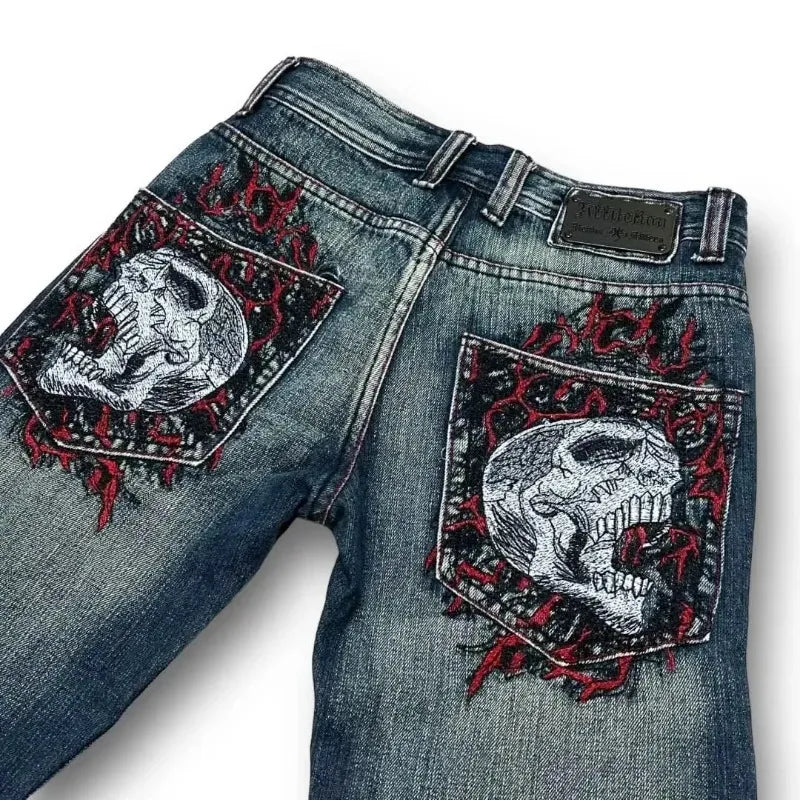 Gothic y2k jeans Hip Hop streetwear Punk Skull Graphic Embroidery Waist Wide Trousers Mens Womens New Blue fashion jeans women