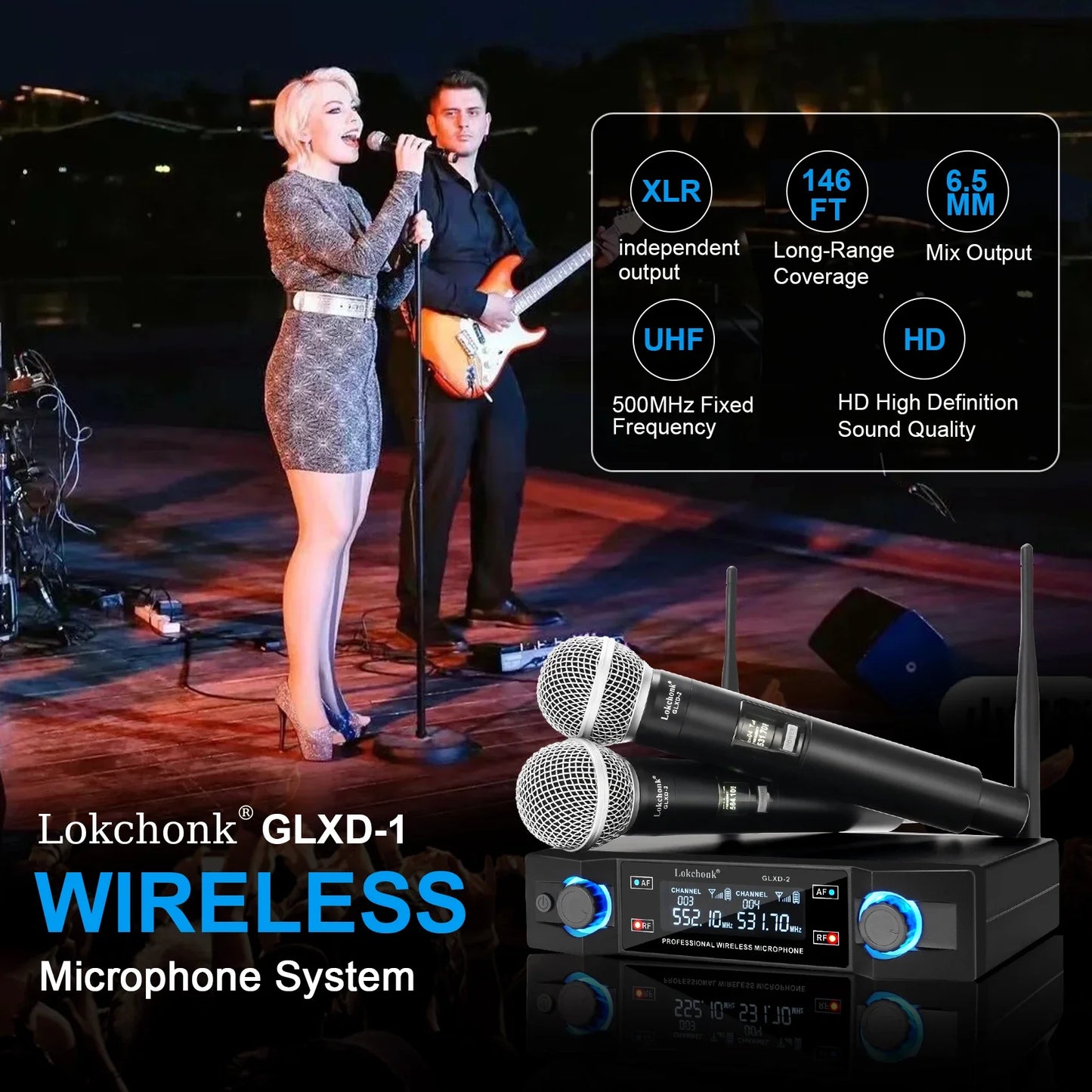 GLXD2 Professional Wireless Microphone system Dual Channel UHF Fixed Frequency Cordless Handheld Dynamic Mic For Karaoke Party