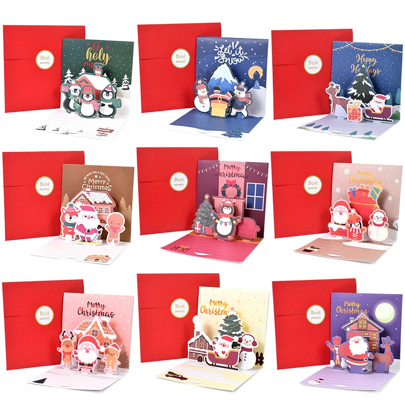 1set Merry Christmas 3D Pop UP Greeting Cards With Envelope Christmas Thank You Invitation Blessing Postcard New Year Xmas Noel