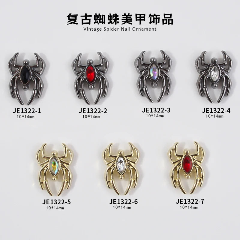 10PCS Gothic Punk Style Alloy 3D Spider Nail Art Charms Dark Black/Red/CLear/AB Rhinestones Spider Design For Halloween Nail diy