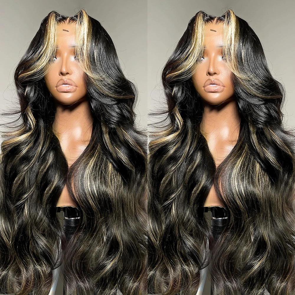 1B/27 Body Wave 13x4 Lace Frontal Highlight Wig Human Hair Brazilian 200 Density 30 Inch Ombre Blonde Colored Human Hair Wigs