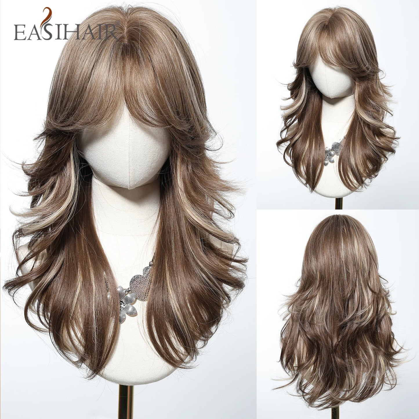 EASIHAIR Long Wavy Brown Synthetic Wigs for Women Dark Brown Wigs With Side Bangs Natural Hair for Daily Use Heat Resistant Wig