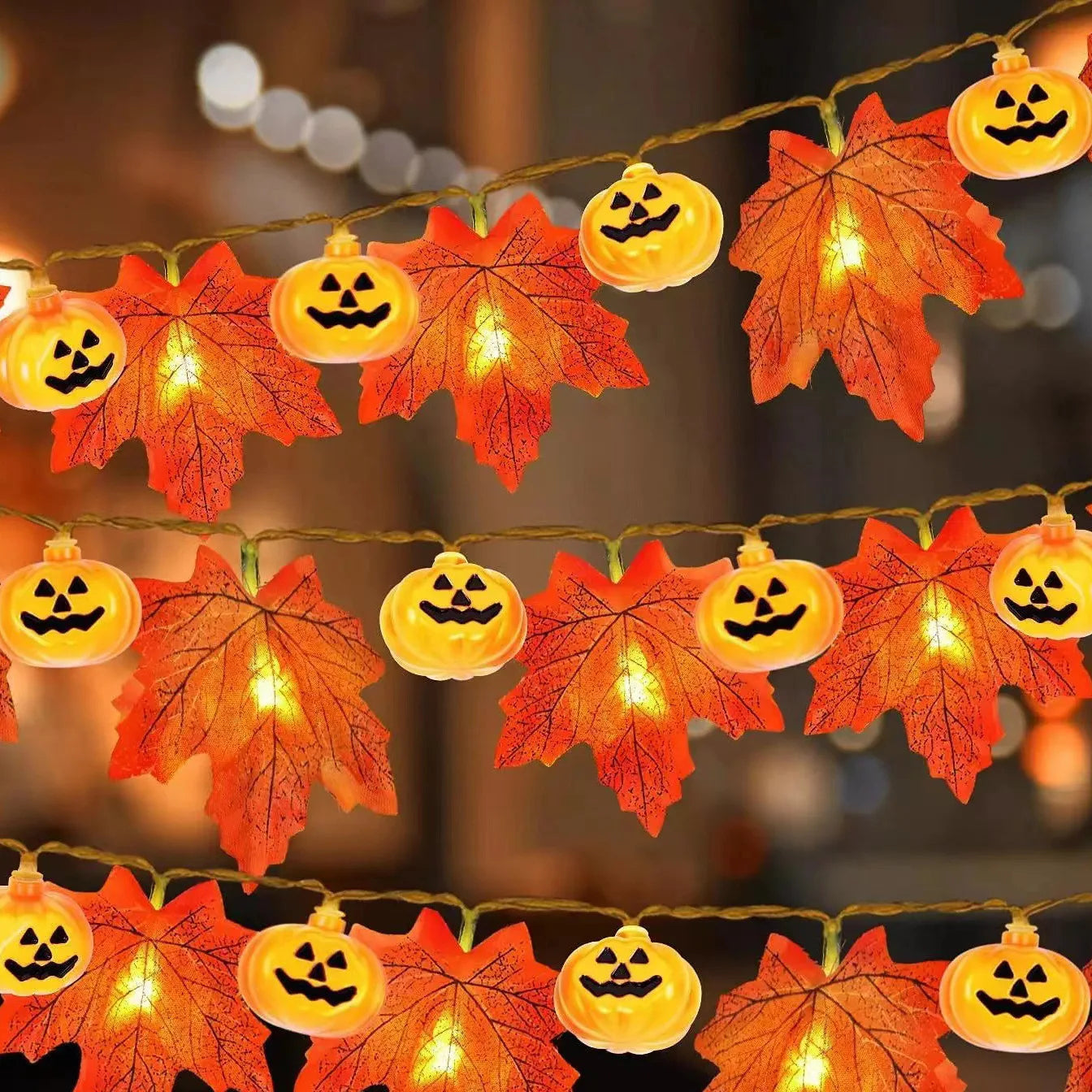 Halloween Party Pumpkin Maple Leaf String Light Halloween Home Party Fireplace Ornaments Wall Hangings Halloween Garden Decor