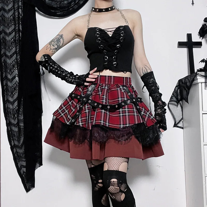 Y2k Lolita Cake Mini Skirts Gothic Harajuku Girls Plaid Pleated Skirt Punk Sweet Lace Kawaii Clothing Cosplay Costume