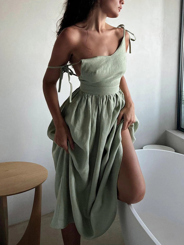 Casual Solid Color 100% Cotton Linen Long Green Dresses Woman Elegant Luxury Summer 2024 Sexy Vneck Backless Party Pleated Dress