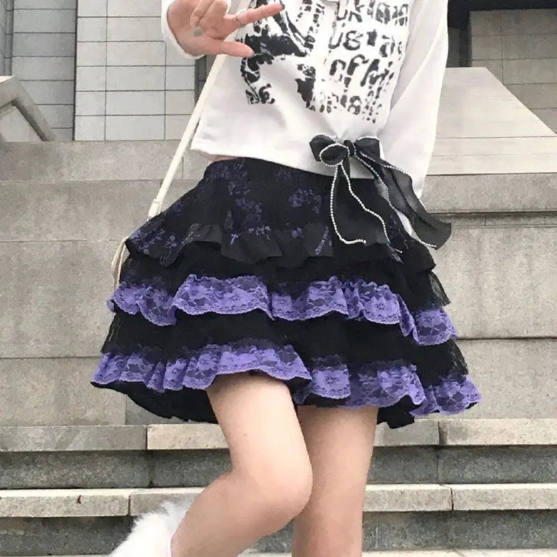 Y2k Dark Gothic Punk Black White Short Skirt Women Hot Chick Y2k Polka Dot Ruffle Cake Skirt Female Cute Chic Lolita Lace Skirts