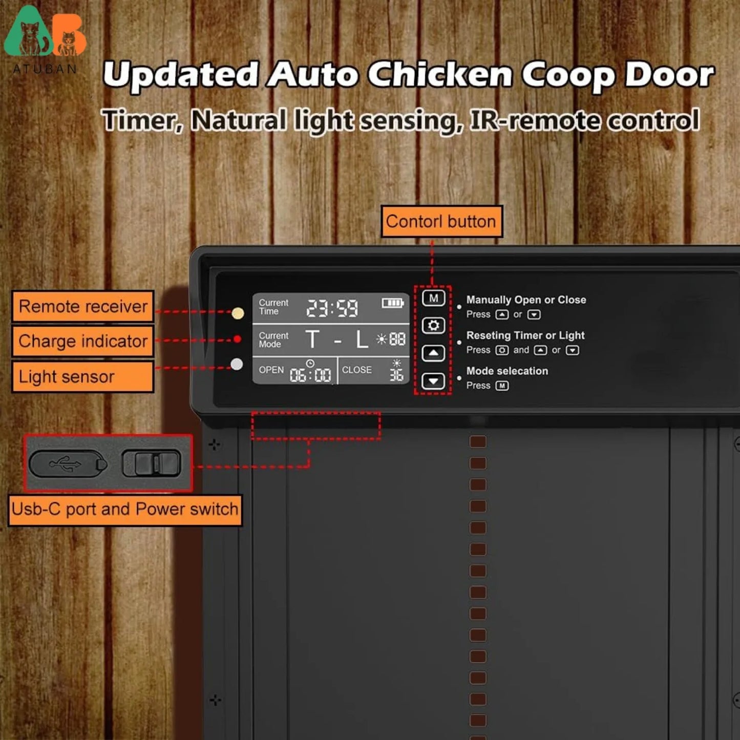 Automatic Chicken Coop Door Solar Powered,Atuban Chicken Door with Timer, Aluminum Alloy Chicken Door with Remote Control & IP45