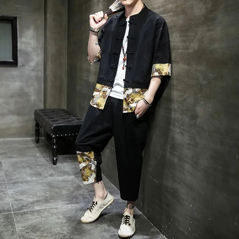 Man Trousers Sets Print Black Shirts Pants Suits for Men Graphic Stylish Original Brands Summer Clothes Casual High Quality Cool