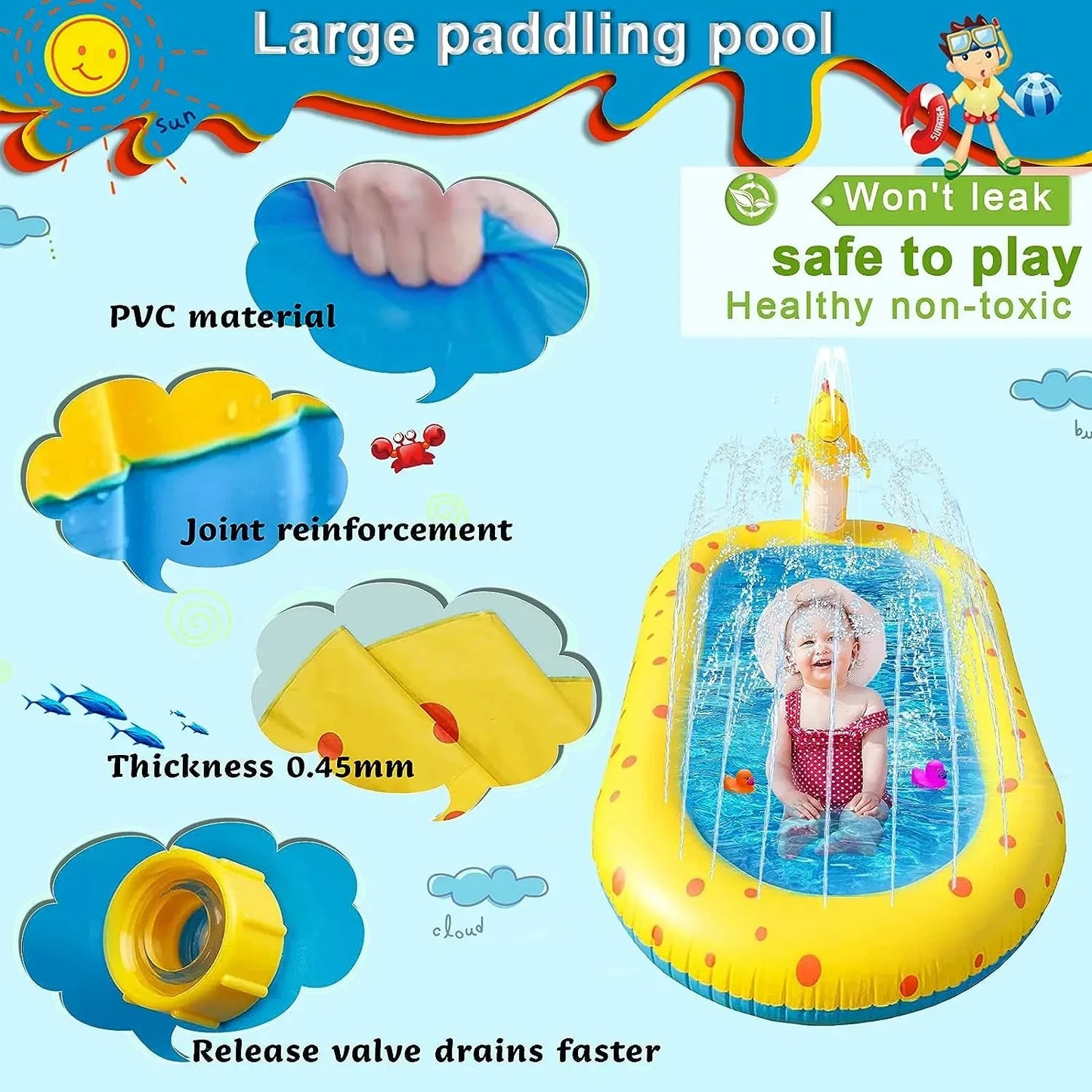 Inflatable Children Swimming Pool for Kids Summer Dinosaur Sprinkler Kiddie Pool Backyard Splash Pad Outdoor Water Toys